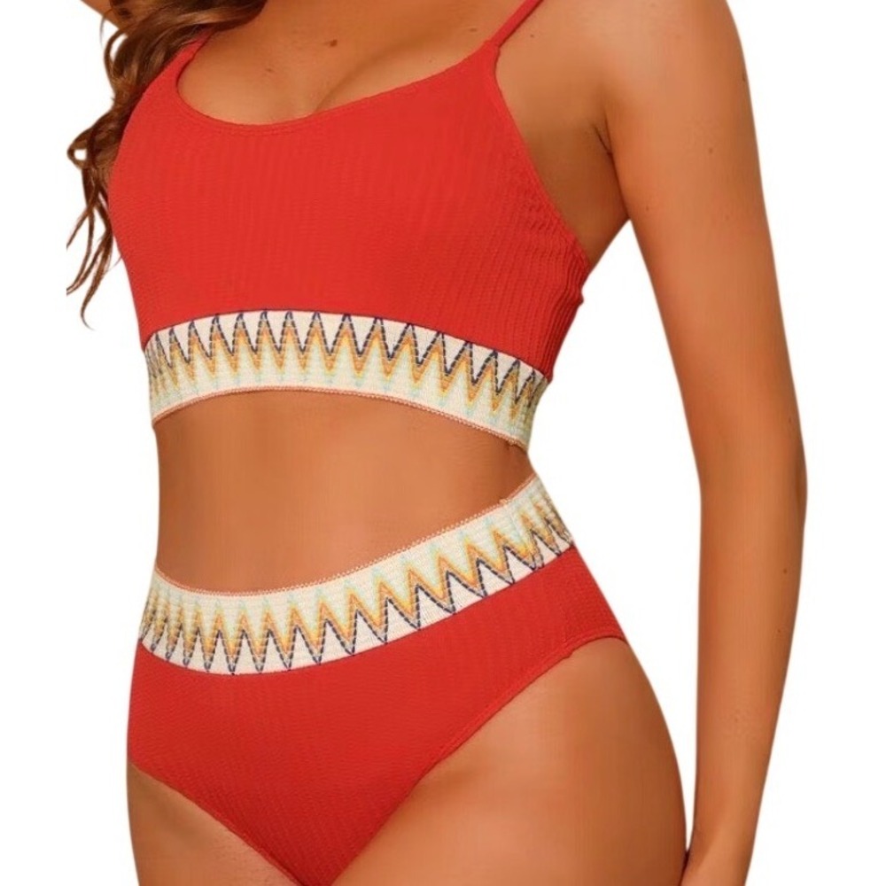 SEAMOLY Red Boho Rainbow Trim Bikini‎ Set High Waisted XS Beach Pool Gym Cruise - Picture 11 of 12